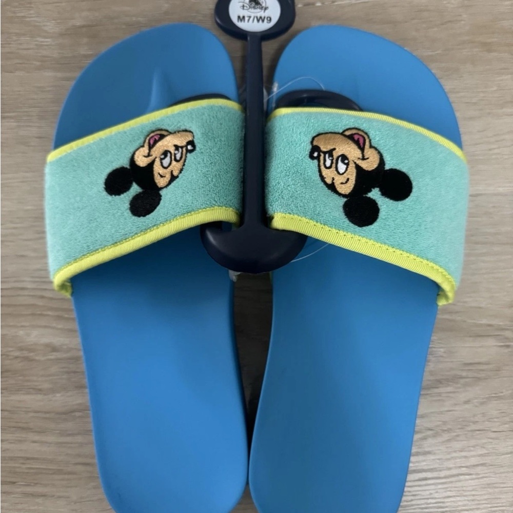Disney Parks Mickey Mouse Slide Sandals Terry Cloth Blue Green Size W9 M7 New‎